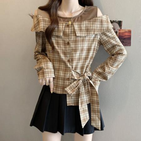 FA39217# 胖MM假两件拼接格子长袖衬衫女秋秋新款系带衬衣露肩短上衣