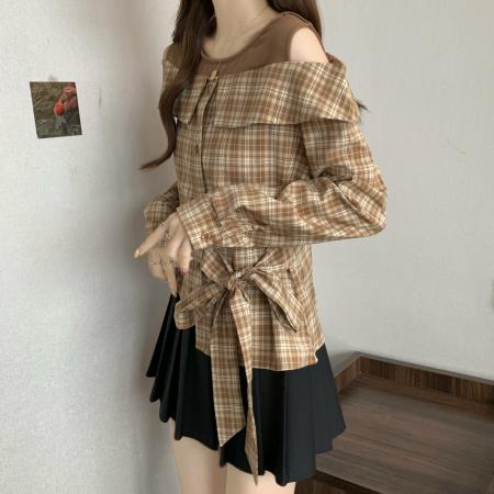 FA39217# 胖MM假两件拼接格子长袖衬衫女秋秋新款系带衬衣露肩短上衣