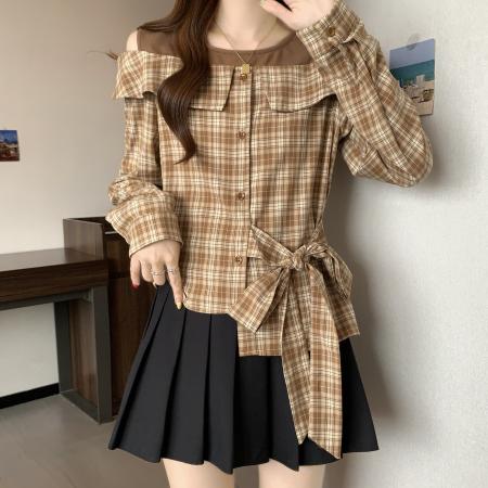 FA39217# 胖MM假两件拼接格子长袖衬衫女秋秋新款系带衬衣露肩短上衣