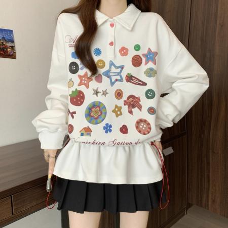 FA39219# 胖MM甜美彩色纽扣收腰Polo卫衣女新款秋季宽松设计感休闲上衣裙