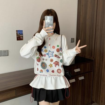 FA39219# 胖MM甜美彩色纽扣收腰Polo卫衣女新款秋季宽松设计感休闲上衣裙