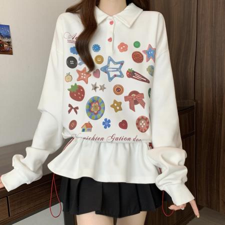 FA39219# 胖MM甜美彩色纽扣收腰Polo卫衣女新款秋季宽松设计感休闲上衣裙