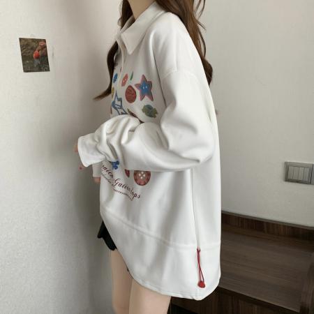 FA39219# 胖MM甜美彩色纽扣收腰Polo卫衣女新款秋季宽松设计感休闲上衣裙