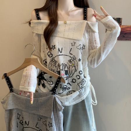 FA39220# 胖MM美式复古卡通印花长袖女高级感收腰显瘦绝美露肩上衣
