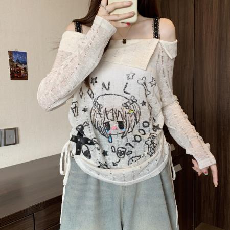 FA39220# 胖MM美式复古卡通印花长袖女高级感收腰显瘦绝美露肩上衣