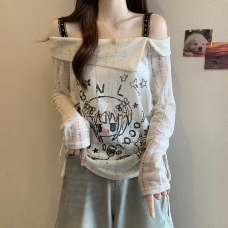 FA39220# 胖MM美式复古卡通印花长袖女高级感收腰显瘦绝美露肩上衣