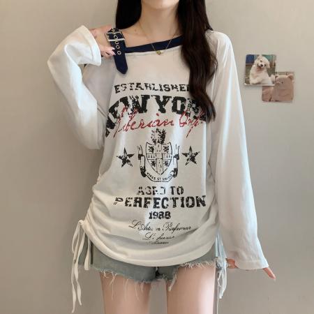 FA39221# 胖MM美式辣妹斜肩T恤上衣女字母印花宽松露肩薄款长袖衫