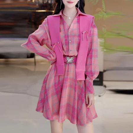 FA39225# 法式复古风小个子粉色格纹衬衫连衣裙女秋季独特漂亮掐腰裙子