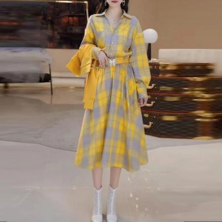 FA39225# 法式复古风小个子粉色格纹衬衫连衣裙女秋季独特漂亮掐腰裙子