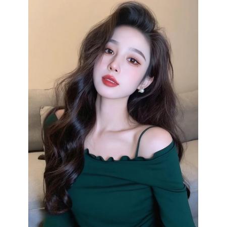 FA39227# 墨绿色花边露肩长袖t恤女新款早秋季韩系绝美巨好看的小上衣
