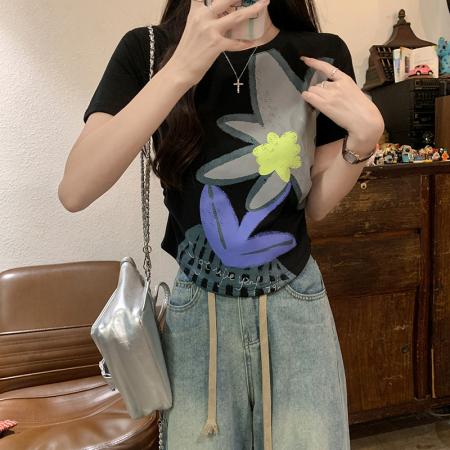 FA39228# 螺纹短袖t恤夏潮印花正肩修身短款圆领上衣韩版女装  服裝批發女裝批發服飾貨源