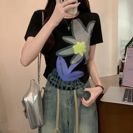 FA39228# 螺纹短袖t恤夏潮印花正肩修身短款圆领上衣韩版女装  服裝批發女裝批發服飾貨源
