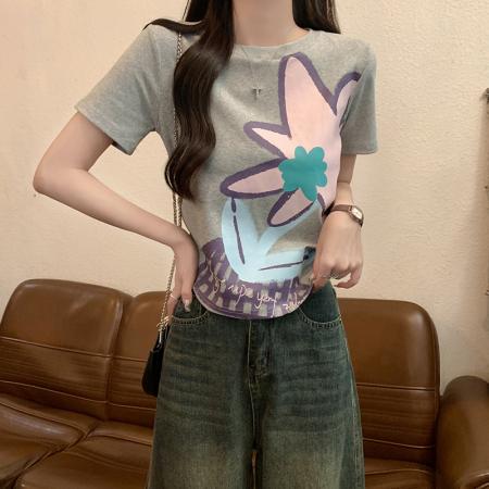 FA39228# 螺纹短袖t恤夏潮印花正肩修身短款圆领上衣韩版女装  服裝批發女裝批發服飾貨源