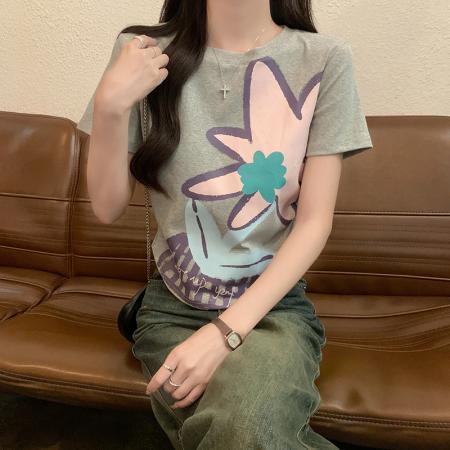 FA39228# 螺纹短袖t恤夏潮印花正肩修身短款圆领上衣韩版女装  服裝批發女裝批發服飾貨源