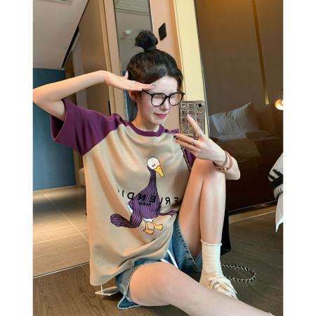 FA39230# 精梳爽棉短袖t恤女夏拼接插肩袖圆领潮上衣大码女装  服裝批發女裝批發服飾貨源