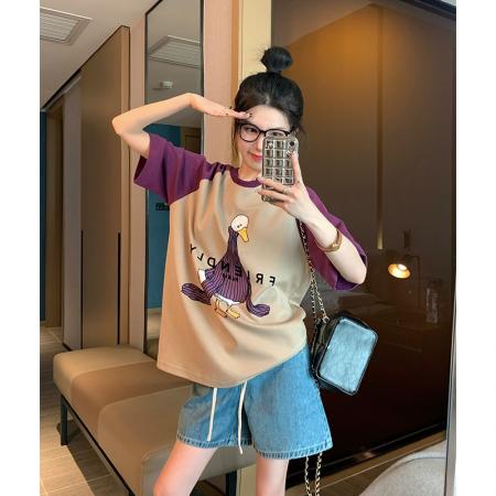 FA39230# 精梳爽棉短袖t恤女夏拼接插肩袖圆领潮上衣大码女装  服裝批發女裝批發服飾貨源