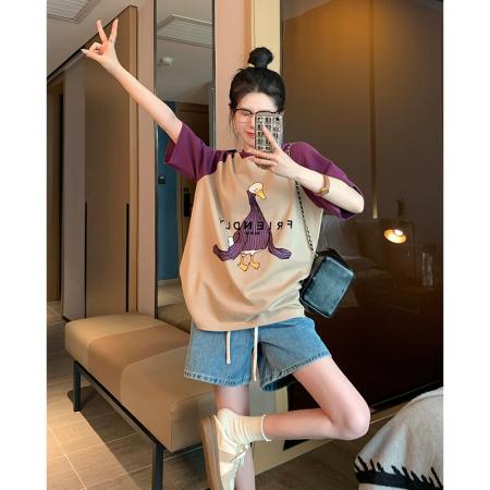 FA39230# 精梳爽棉短袖t恤女夏拼接插肩袖圆领潮上衣大码女装  服裝批發女裝批發服飾貨源