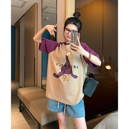 FA39230# 精梳爽棉短袖t恤女夏拼接插肩袖圆领潮上衣大码女装  服裝批發女裝批發服飾貨源