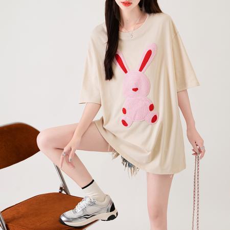 FA39231# 短袖t恤女夏韩版刺绣中长圆领上衣大码女装  服裝批發女裝批發服飾貨源