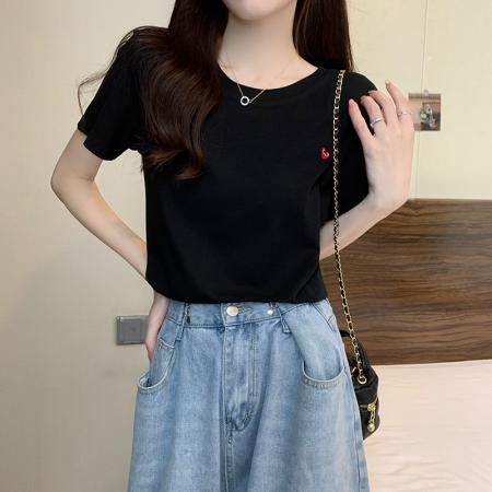 FA39232# 螺纹抖音质量短袖t恤女夏刺绣花短款圆领上衣大码女装  服裝批發女裝批發服飾貨源