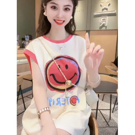 FA39233# 珠地短袖t恤女夏中长款无袖背心潮圆领上衣大码女装200斤  服裝批發女裝批發服飾貨源