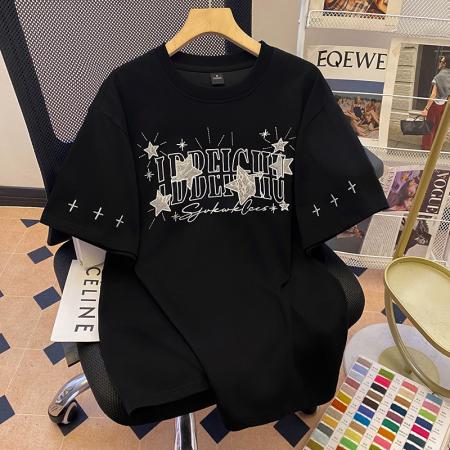 FA39237# 纯棉短袖t恤男夏新款中长宽松刺绣圆领上衣女装  服裝批發女裝批發服飾貨源