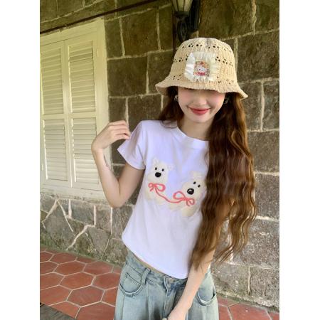 FA39238# 短袖t恤女夏新款刺绣短款修身正肩圆领上衣  服裝批發女裝批發服飾貨源