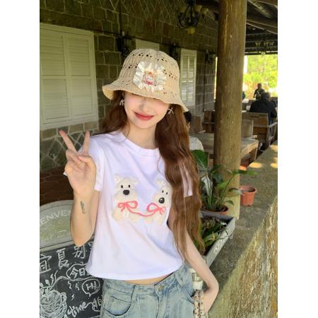 FA39238# 短袖t恤女夏新款刺绣短款修身正肩圆领上衣  服裝批發女裝批發服飾貨源