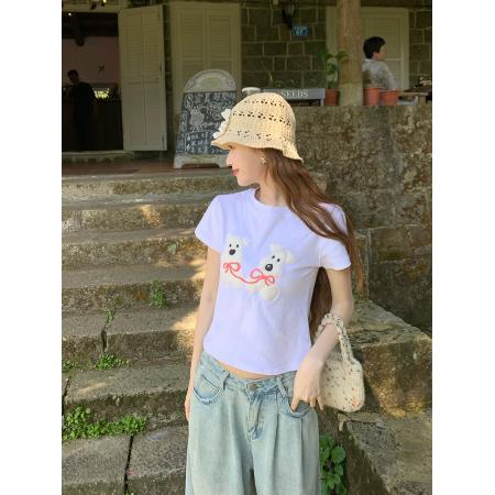 FA39238# 短袖t恤女夏新款刺绣短款修身正肩圆领上衣  服裝批發女裝批發服飾貨源