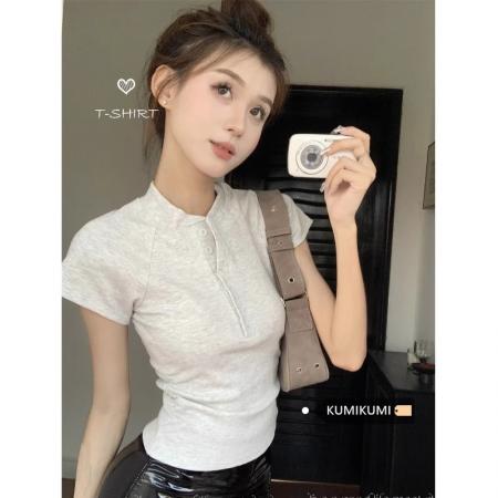 FA39241# 短袖t恤夏修身潮短款正肩立领纯色韩版女装  服裝批發女裝批發服飾貨源