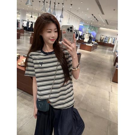 FA39242# 条纹短袖t恤夏新款刺绣花短款正肩圆领上衣韩版女装  服裝批發女裝批發服飾貨源