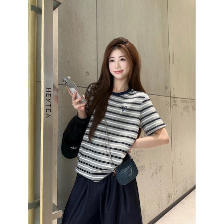 FA39242# 条纹短袖t恤夏新款刺绣花短款正肩圆领上衣韩版女装  服裝批發女裝批發服飾貨源