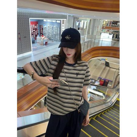 FA39242# 条纹短袖t恤夏新款刺绣花短款正肩圆领上衣韩版女装  服裝批發女裝批發服飾貨源
