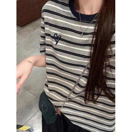FA39242# 条纹短袖t恤夏新款刺绣花短款正肩圆领上衣韩版女装  服裝批發女裝批發服飾貨源