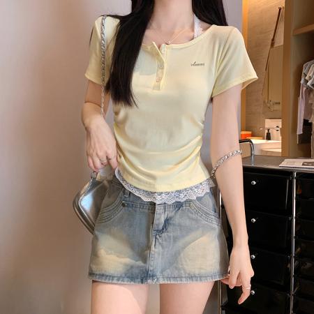 FA39244# 短袖t恤夏新款蕾丝挂脖短款圆领上衣女装  服裝批發女裝批發服飾貨源