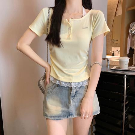 FA39244# 短袖t恤夏新款蕾丝挂脖短款圆领上衣女装  服裝批發女裝批發服飾貨源