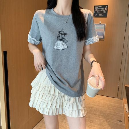 FA39247# 纯棉螺纹短袖t恤女夏新款网纱立体装饰刺绣正肩圆领上衣  服裝批發女裝批發服飾貨源
