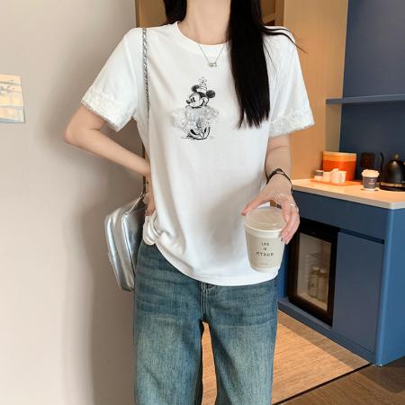 FA39247# 纯棉螺纹短袖t恤女夏新款网纱立体装饰刺绣正肩圆领上衣  服裝批發女裝批發服飾貨源