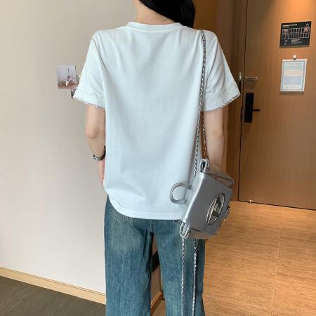 FA39247# 纯棉螺纹短袖t恤女夏新款网纱立体装饰刺绣正肩圆领上衣  服裝批發女裝批發服飾貨源