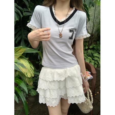 FA39248# 短袖t恤夏新款短款修身甜美蕾丝V领上衣女装  服裝批發女裝批發服飾貨源