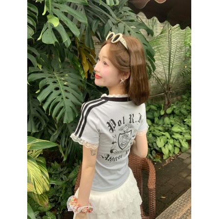FA39248# 短袖t恤夏新款短款修身甜美蕾丝V领上衣女装  服裝批發女裝批發服飾貨源