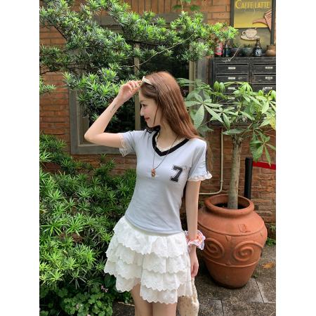 FA39248# 短袖t恤夏新款短款修身甜美蕾丝V领上衣女装  服裝批發女裝批發服飾貨源