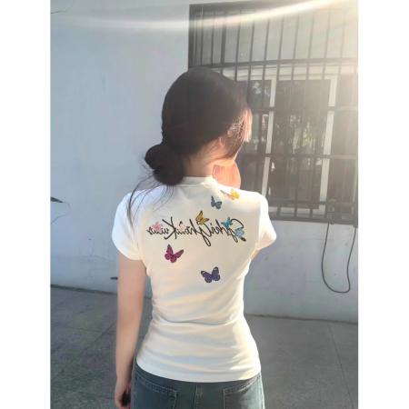 FA39252# 纯棉螺纹短袖t恤夏新款潮正肩修身短款V领上衣女装  服裝批發女裝批發服飾貨源