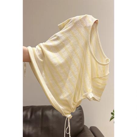 FA39254# 竹节麻短袖t恤针织衫夏潮修身条纹收腰圆领上衣女装  服裝批發女裝批發服飾貨源