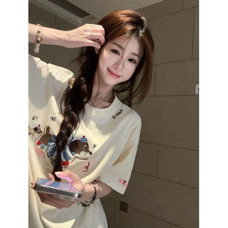 FA39257# 超爽棉短袖t恤夏新款潮刺绣花宽松正肩圆领上衣女装  服裝批發女裝批發服飾貨源