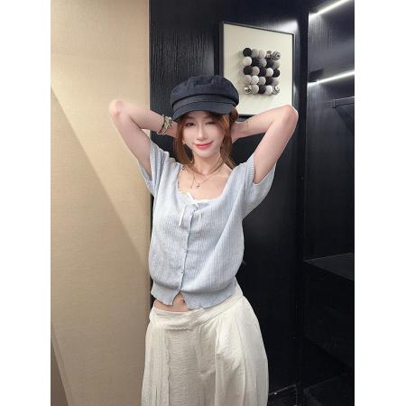 FA39259# 羊毛短袖t恤针织衫夏开衫潮蕾丝短款圆领上衣女装  服裝批發女裝批發服飾貨源