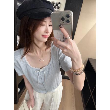 FA39259# 羊毛短袖t恤针织衫夏开衫潮蕾丝短款圆领上衣女装  服裝批發女裝批發服飾貨源