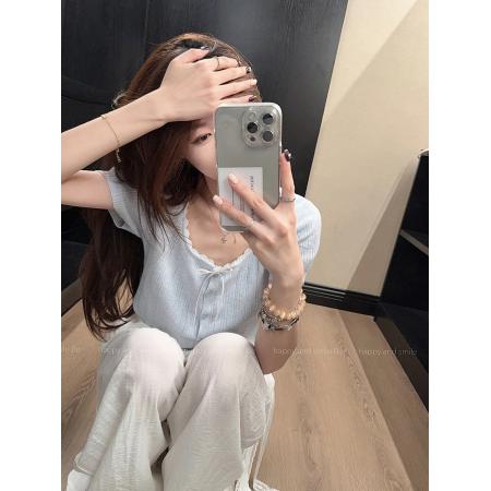 FA39259# 羊毛短袖t恤针织衫夏开衫潮蕾丝短款圆领上衣女装  服裝批發女裝批發服飾貨源