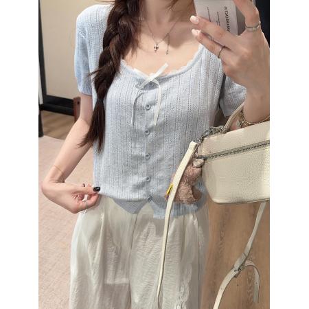 FA39259# 羊毛短袖t恤针织衫夏开衫潮蕾丝短款圆领上衣女装  服裝批發女裝批發服飾貨源