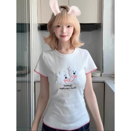 FA39261# 螺纹短袖t恤夏新款刺绣花短款修身圆领上衣女装  服裝批發女裝批發服飾貨源